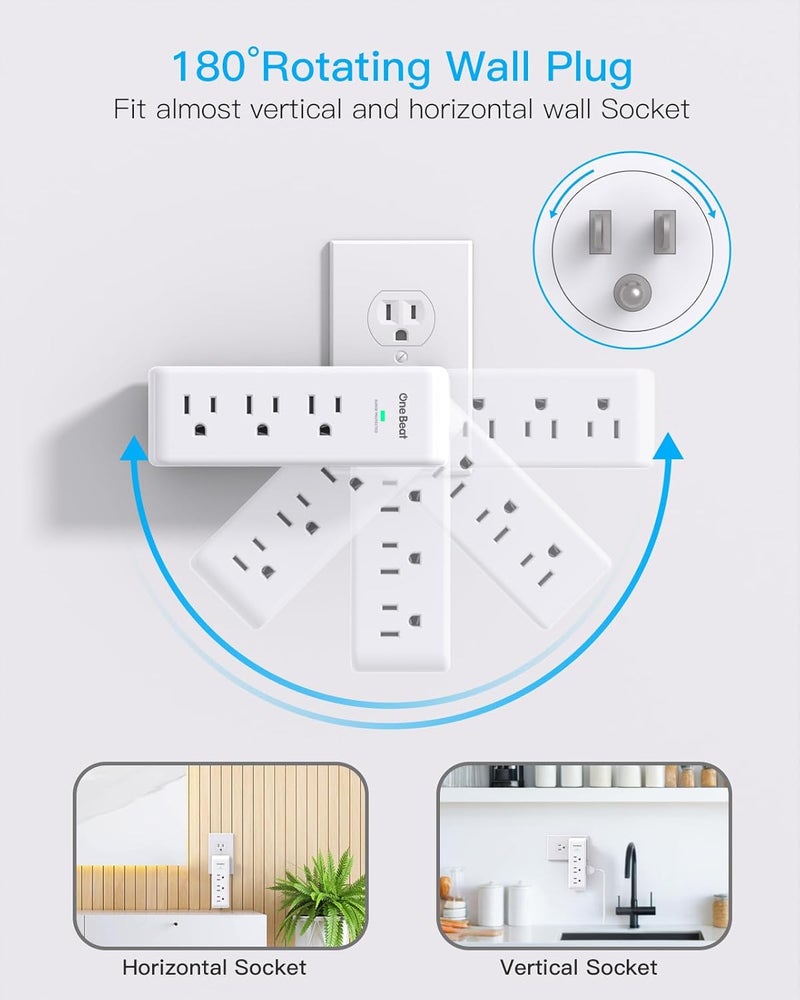 One Beat Surge Protector Outlet Extender with Rotating Plug, 9 AC Multi Plug Wall Outlet Expander, 1800J Wall Charger, 3-Sided Power Strip Electrical Plug Adapter Outlet Splitter for Home Office College Dorm - Image 2